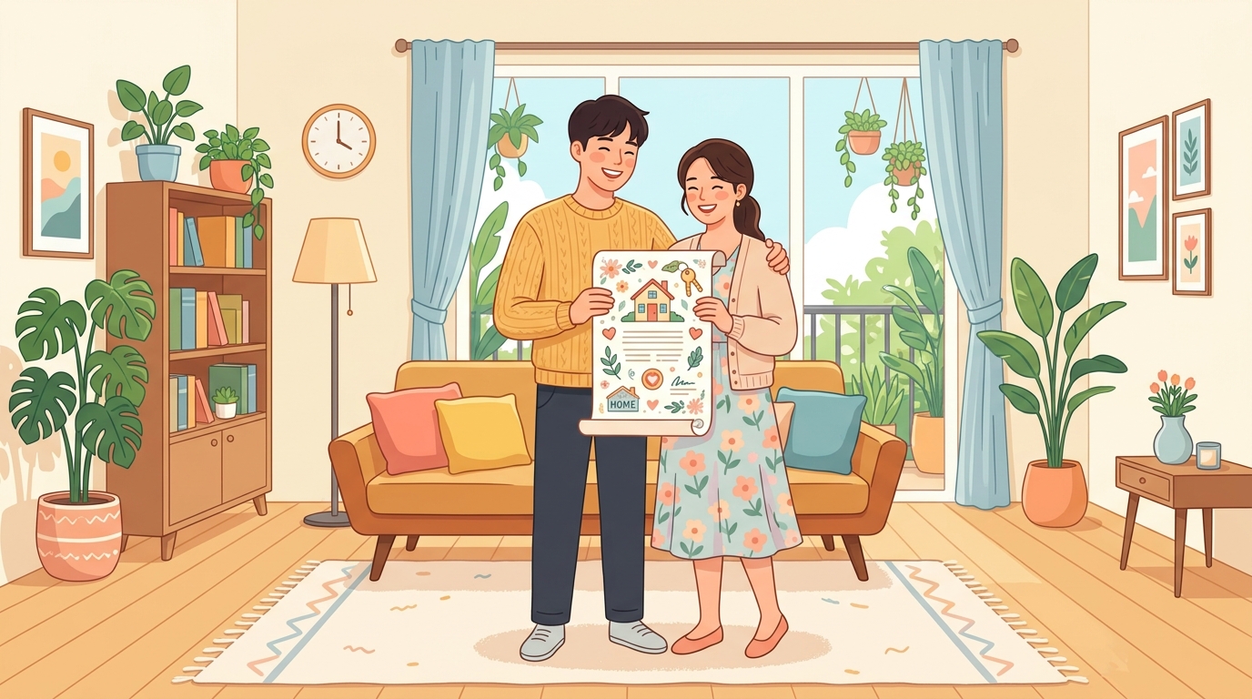 부부(가족)가 새 집 거실에서 밝게 웃으며 계약 서류를 확인하는 따뜻한 일러스트