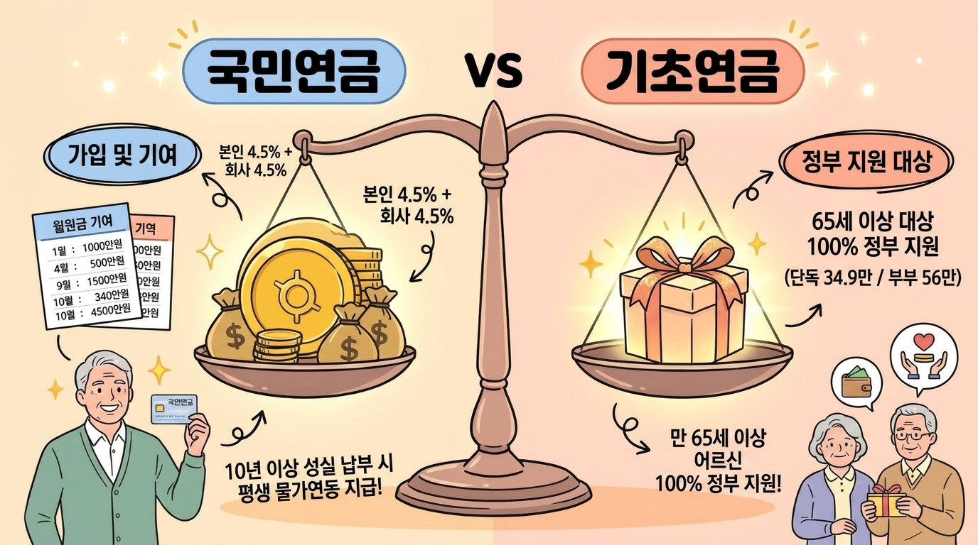 기초연금 vs 국민연금 비교 인포그래픽