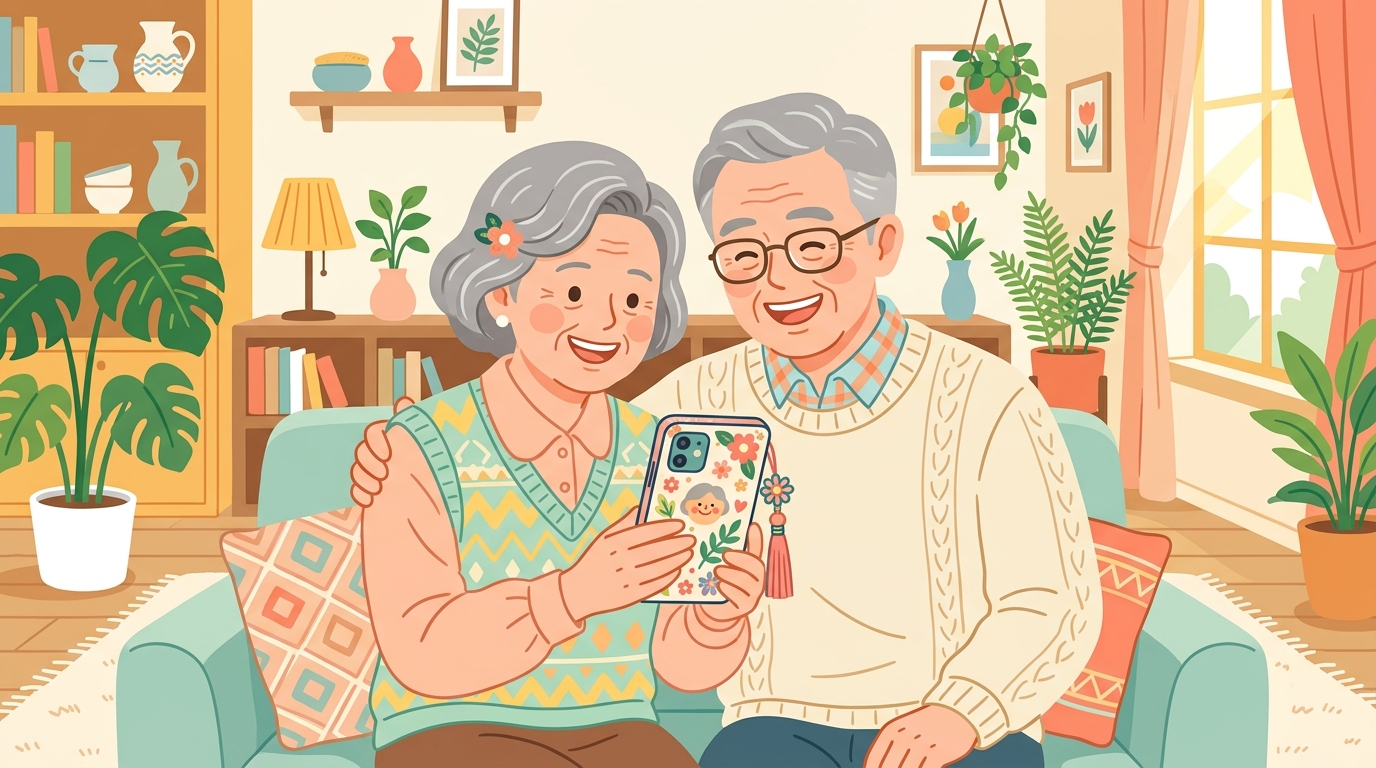 노부부가 스마트폰으로 연금을 확인하며 미소 짓는 따뜻한 일러스트
